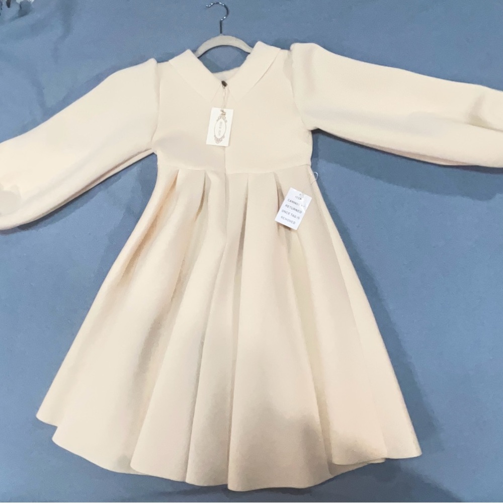 Cream Fit and Flare Dress with Bishop Sleeves and Mock Neck